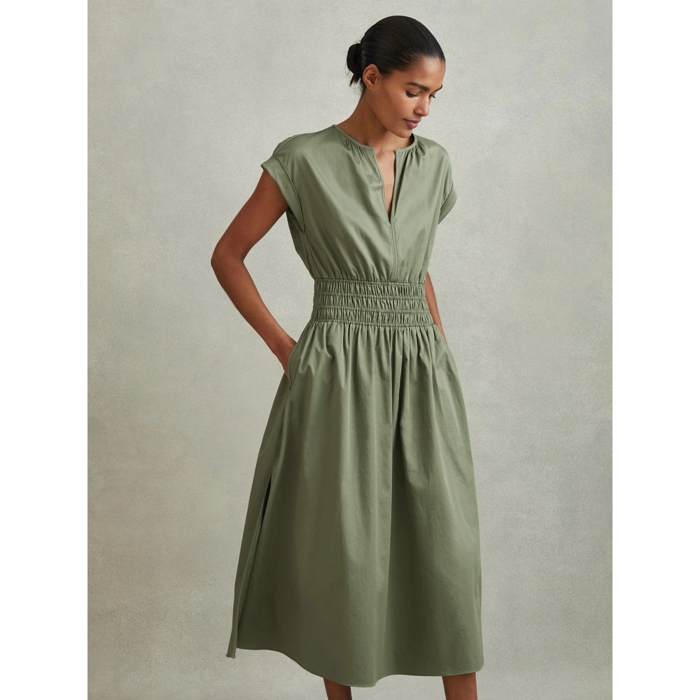 REISS Lena Midi Smocked Dress Boho Women 8 Green Brunch Summer Fall Cottagecore
